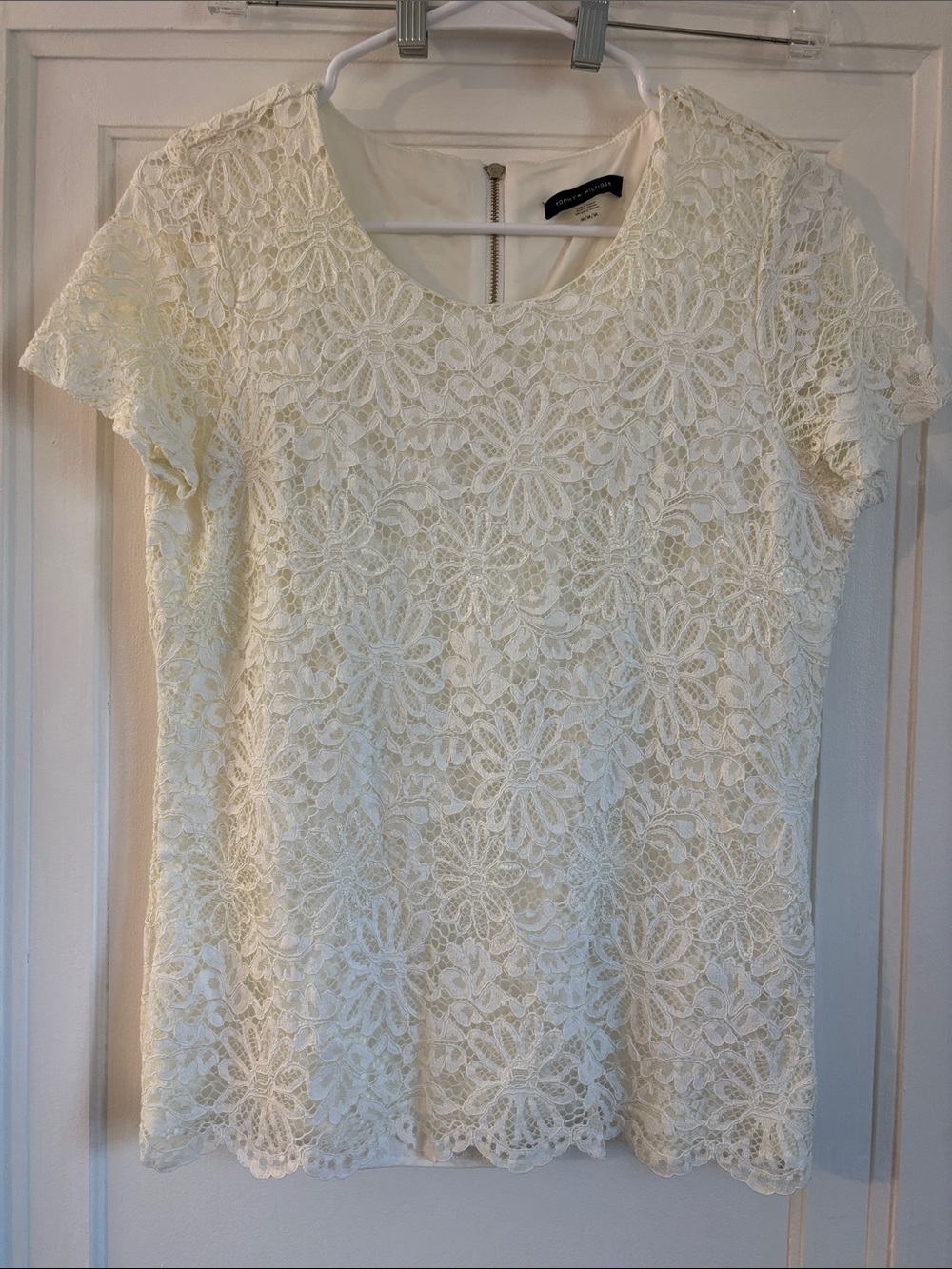 Tommy Hilfiger Cream Floral Lace Short Sleeve Blouse